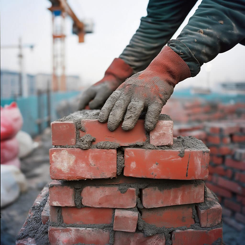 A bricklayer, hands gloved and coated with mortar, skillfully places each red brick with accuracy at a bustling construction site under the morning sky