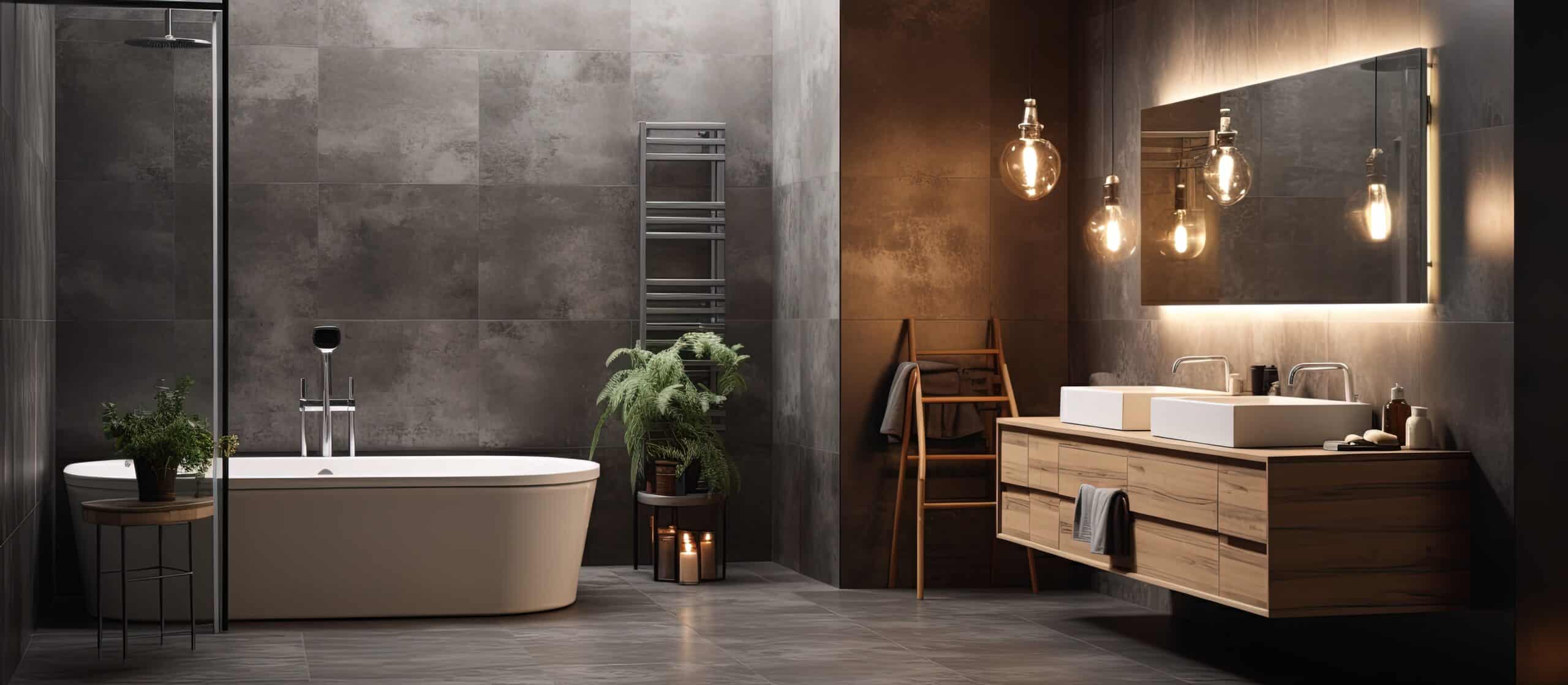 Baignoire îlot beige dans une salle de bain industrielle. Carrelage gris foncé, meuble vasque double en bois flottant, éclairage chaleureux et miroir LED.