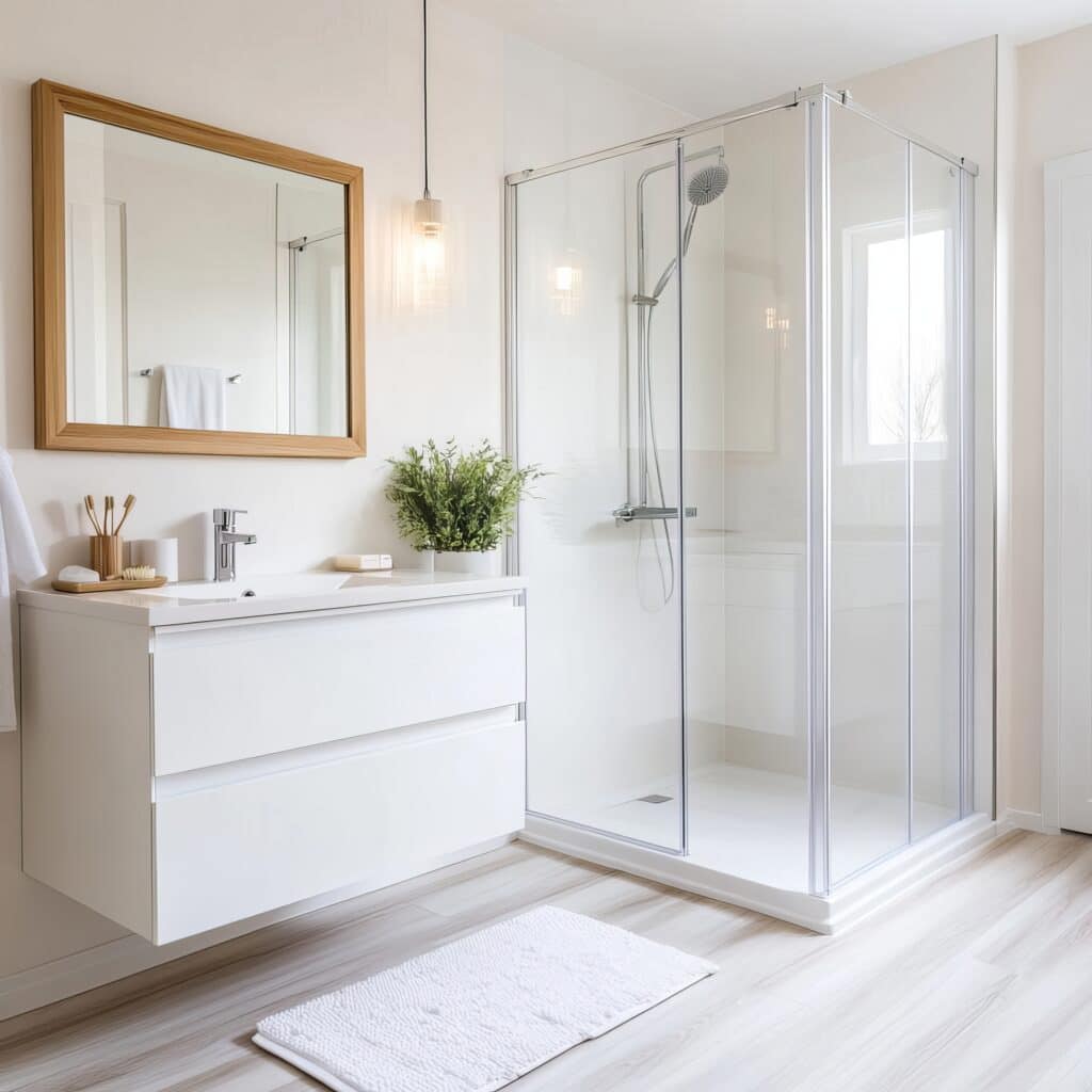Spacious minimalist bathroom with floating vanity, frameless shower, minimalist bathroom, modern luxury design