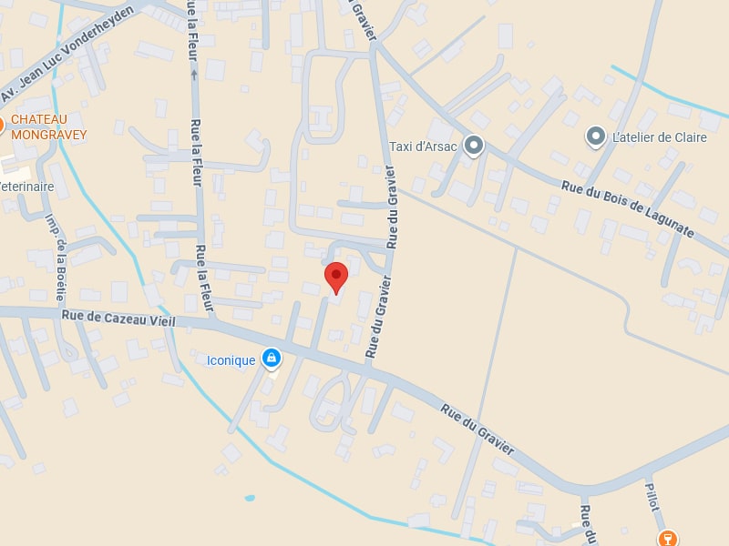 Localisation Rue du Gravier, Arsac : Plan et adresse détaillée. Plan localisant une adresse sur la Rue du Gravier, Arsac, entre la Rue de Cazeau Vieil et la Rue la Fleur, à proximité du Château Mongravey.